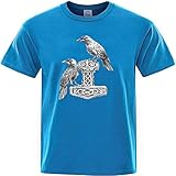 Vintage Wikinger Thors Hammer Raben Herren Kurzarm,3D-gedrucktes Odin-Tier-T-Shirt,Stretchiges und atmungsaktives Unisex-Oberteil in Übergröße.