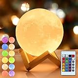 Mydethun 2024 Aktualisieren 16 Farben Mondlampe mit Holzsockel, Muttertagsgeschenk,12cm LED 3D Mondlicht, Fernbedienung, USB Aufladung, Nachtlicht, Lampe für Kinder,Mädchen,Schlafzimmer,Heimdekoration