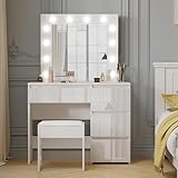 Schminktisch mit Spiegel und Hocker Weißer Schminktisch mit LED-Beleuchtung 4 Schubladen Hochglanz Make-up Schreibtisch Schlafzimmer Toilettentisch Ideal für Mädchen und Frauen Schlafzimmer Möbel