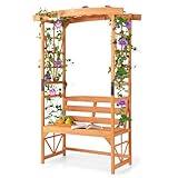 GOPLUS Rosenbogen mit Bank, 2-Sitzer Gartenbank Holz, Torbogen Rankgitter für Rosen & Kletterpflanzen, Garten Pergola Gartenbogen Torbogen für Garten Hinterhof, Natur (M: 120 x 58 x 189 cm)