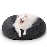 KSIIA Hundebett Flauschig, Katzenbett, Ø 60 cm Rund Donut Hundekissen Waschbar, Langer Plüsch Hundekorb Katzenkorb Katzenkissen für Mittelgroße & Kleine Hunde Dunkelgrau