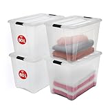 Iris Ohyama, 4er-Set, Aufbewahrungsboxen, 60 L, mit Clips, stapelbar, Wohnzimmer, Schlafzimmer, Garage - New Top Box NTB-60 - Transparent