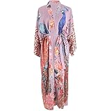 Luxylei Damen-morgenmantel, Satin-sommerroben, Pfauenmuster-Bademantel, Kimono, Strickjacke, Damen-schlafmantel, Robe