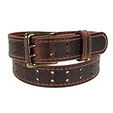 Klassischer Ledergürtel für Herren, Doppelzinken, Retro-Stil, antike Messingschnalle, 3,8 cm breit, Amish handgefertigt in den USA, Vintage Brown - Brown Stitch, 110 cm