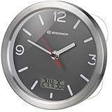 Bresser 8020116 Wanduhr Mytime Thermo-/Hygro Funk Baduhr mit Thermometer und Hygrometer inklusive 4 Starker Saugnäpfe zum Aufhängen oder Aufstellen, Grau , 17cm