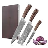 Wakoli EDIB 3er Damastmesser Set | Chefmesser, Nakirimesser & Allzweckmesser | 67 Lagen Damaststahl mit VG10 Kern | Scharfe Küchenmesser mit Pakkaholzgriff in Holzbox | Präzise Profi-Kochmesser