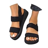 Flache Sandalen Damen Sommer - Offene Schuhe Schicke Bequem Latschen Breite Füße Sommerschuhe Sandaletten mit Elastischen Riemen Outdoor Sport Plateau Sandals für Freizeit Alltag, Schwarz 38