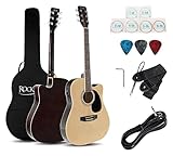 Rocktile WSD-8CE-NT Slim Line Westerngitarren Set - Dreadnought Akustik Gitarre - Westerngitarre mit Tonabnehmer im Set inkl. Tasche, Gurt, Kabel, Ersatzsaiten und Plektren - Natural