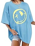 WIEIYM Tshirt Damen Oversized Lose Rundhals Kurzarm T-Shirts Sommer Tops Shirt Oberteile Frauen Gedruckt Lässig Oberteile Bluse,Blau,L