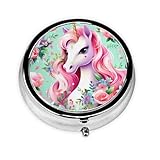 Dlxw Fashion Pillendose Aufbewahrungsbox, Tragbare Metall Pillendose mit Spiegel, einfach zu speichern Medikamente! Rosa Einhorn