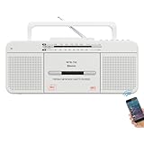 WISCENT Kassettenspieler mit USB/Bluetooth/AM/FM-Radio-Stereo, integriertem Mikrofonrecorder, Kassetten-zu-MP3-Konverter, Großer Lautsprecher, Kopfhöreranschluss, Zwei 3” Lautsprecher, Tragbar (Weiß)