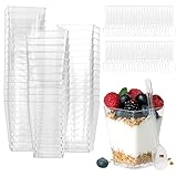 Desserttassen Plastik Dessertbecher mit Löffeln, 50 Stück Mini Desserttasse, Wiederverwendbar 150ml, Set für Mousse Pudding Eiscreme Desserts Hochzeiten Geburtstag Party