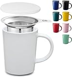 Cosumy Teetasse mit Sieb und Deckel - Keramik Weiß - Hält Lange warm - 400ml Groß - Spülmaschinenfest