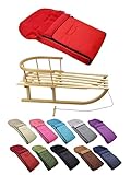 Kombi-Angebot [Holz-Schlitten + universaler Winterfußsack 90cm] Rodel mit Rückenlehne und Zugseil Fußsack geeignet für Babyschale Kinderwagen Buggy mit Thermofleece (rot)