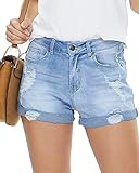 HVEPUO Boyfriend Damen Denim Kurze Hose Stretch Lässige gebrochene Kante Used Look Blue Jeans Shorts Kurz Blau gewaschen M