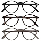 OPULIZE REY Lesebrille - 3er-Pack - Runder Retro-Rahmen - Mattschwarz, Braunes Schildpatt, Grau - Herren Damen - Federscharniere - RRR56-127 - +1.50