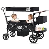 Bollerwagen für 2 Kinder, Faltbarer Kleinkinderwagen mit Dach und abnehmbarem Tablett,Tür mit Reißverschluss,5-Punkt-Gurt, Verstellbarer Griff, Bollerwagen mit Sitz, Handwagen Ziehen & Schieben