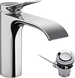 hansgrohe Vivenis - Waschtischarmatur mit Zugstangen-Ablauf, Wasserhahn Bad mit Auslauf Höhe 110 mm, Mischbatterie Waschbecken wassersparend (EcoSmart), Chrom