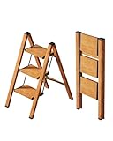 Ladnamy Holz 3 Stufen Leiter,3 Stufen Trittleiter klappbar, Leicht Aluminium Tritthocker, rutschfest & Tragbarer Stehleiter,Breiteres Pedal (Holz)