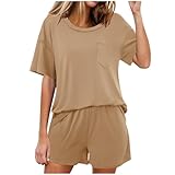 Loungewear-Set für Damen, 2-teiliges Set, Sommer, lässig, Sommer-Trainingsset, lockere Basic-T-Shirts, einfarbige Basic-T-Shirts, Rundhalsausschnitt, T-Shirts, kaki, 36