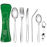 6-Stück Tragbares Campingbesteck Set,304 Edelstahl Bestecksets Essbesteck,Camping Besteck mit Gehören Messer,Gabel,Löffel,Flaschenöffner,Strohhalme Bestecktasche für Outdoor Reise Picknick Grün