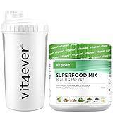 Kombination aus Superfoods - 420 g Pulver + Premium Shaker - Mit Gerstengras, Guarana, Maca, Chlorella, Spirulina, Moringa - 100% natürlicher Power Smoothie - Mit Zitronen Aroma - Vegan