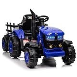 Elektrischer Traktor für Kinder 12 V mit Anhänger Abnehmbar, Doppelmotor 35 W, Elektroauto mit 6 Reifen für Kleinkinder mit Fernbedienung, Musik, 3 Geschwindigkeiten, Scheinwerfer mit 7 LED