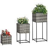 Outsunny Hochbeet Set, 3-TLG. Rattan Blumenkasten mit Ständer, Pflanzkästen mit Entwässerungsloch, Pflanzkübel aus Kunststoff, für Garten, Terrasse, Verzinkter Stahl, Grau