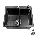 OUBUBY Spülbecken Schwarz Granit 40×45cm Spüle Schwarz Küchenspüle Rechteckig Einbauspüle Granit, Waschbecken Küche, Spülbecken Küche Klein, Einzelbecken mit HahnLöcher, 1 Becken Edelstahlspüle