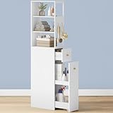 Hzuaneri Badezimmschrank hoch, Nischenschrank, Badschrank schmal, mit Schublade auf Rollen, 3 offenen Regalebrett-Ebenen, Hochschrank, Seitenschrank, 40 x 20 x 140 cm, Weiß, BC32003W