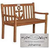 Sterngraf Bank zum Geburtstag mit Gravur-Schild zB Ranken (Name), Gartenbank Anker 120cm Teakholz, Edelstahlschild personalisiert Geschenk-Idee zum Jubiläum