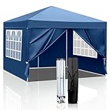 LEADZM Pavillon 3x3m Pop-up Faltpavillon,Höhenverstellbar,UV Schutz 50+,Gartenzelt,Partyzelt,Stahlrahmen,mit 4 Seitenteilen (Blau-4 Seitentuch)