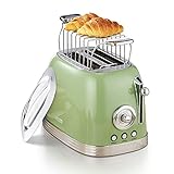 Wiltal Toaster 2 Scheiben, Retro-Design, Brötchenaufsatz, Edelstahldeckel, Vorheiz- und Auftaufunktion, Abbruchfunktion, Countdown-Timer, Schnell-Toaster(Grün)