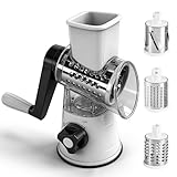 Zencantorous Käsereibe mit Kurbel, Manuelle Trommelreibe, Reibe für Gemüse mit 3 Trommelblättern, Gemüseschneider mit rutschfester Saugnapf, Starke Saugwirkung, für Käse, Gurken, Karotten, Weiß