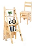 Trittleiter Holz 3 Stufen Klappbar & Faltbarer Lernturm - Multifunktionale Holzleiter mit Sicherer Standfläche, Klappstuhl Design für Küche, Wohnzimmer, Bibliothek (Max 150kg)