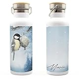 Kohlmeise Vogel Winter – Thermoflasche aus Edelstahl, personalisierte Edelstahlflasche, Trinkflasche mit Namen