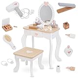 mamabrum, Make-up-Set, Schminktisch aus Holz mit Hocker und Zubehör, Schminktisch, Hocker, Glätteisen, Parfüm, Nagellack, Haarbürste, Haargummibänder, Rollenspielspielzeug