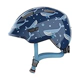 ABUS Kinderhelm Smiley 3.0 - Fahrradhelm mit tiefer Passform, kindergerechten Designs & Platz für einen Zopf - für Mädchen und Jungs - Blau mit Wal-Muster, Größe S