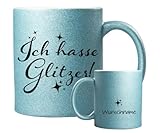 ORWONet ORWO – personalisierte Glitzertasse mit Namen | 330 ml Glitzer-Keramik-Tasse mit Spruch & Wunschnamen | Made in Germany | hochwertige Keramik (Hellblau, Ich hasse Glitzer)