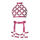 Frauen Körper Harness Vollleder Gothic Aushöhlen Mesh BraTop Punk Strumpfband Gürtel Anpassen Dessous Halloween Kleidung, Rosenrot, Einheitsgröße