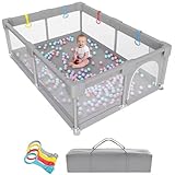 Laufstall Baby, Baby Laufgitter mit 4 Griffen und 1 Aufbewahrungstasche, Laufstall Baby Faltbar mit Atmungsaktivem Netz, Kinder Sicherheitsspielplatz für drinnen draußen, 160 * 160CM