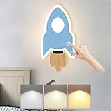 LED Holz Wandleuchte Kinder Wandleuchten mit Touch Schalter Modern Dimmbare Wandlampe Kinderzimmer Rakete Nachtlicht Kreativem Nachttischlampe für Jungen Mädchen Schlafzimmer Wohnzimmer Dekor