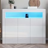 SONNI Kommode Sideboard mit LED Beleuchtung Weiß Hochglanz Wohnzimmermöbel Wohnzimmerschrank Standschrank B116xT35xH93cm