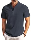 COOFANDY Henley Hemd Herren Kurzarm Sommerhemd mit Stehkragen Kurzarm Strand Textured Herrenhemd Marine Blau L