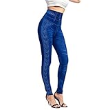 StarTreene Damen-Leggings, hohe Taille, Skinny, Stretch, gefälschte Jeans, Po, Lifting, gerades Bein, blau, S
