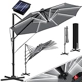 KESSER® Sonnenschirm Ampelschirm Sun Rund XL LED Solar Ø330 cm Inkl. Abdeckung + Windsicherung 7-Fach Verstellbar Neigbar Kippbar Groß 360° Drehbar Gartenschirm mit Kurbel Sonnenschutz UV50+ Anthrazit