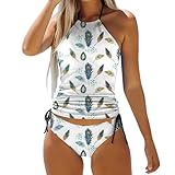 Badeanzug Damen,Tankini Damen Bauchweg Push Up Schulterfrei Bademode mit Bikinislip Tankini Top Zweiteiliger Badeanzug Swimsuit Blumendruck Sport Beachwear