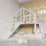 LATICO Kinderbett Etagenbett 90x200 cm für 2 Kinder, Hausbett Hochbett mit Rutsche & Treppe Staufach Stauraum, Holzbett Bettgestell mit Rausfallschutz und Lattenrost, Fenster, Ohne Matratze, Weiß