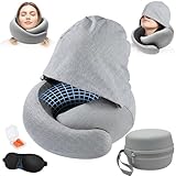 JNUYISW Nackenkissen Flugzeug, Verstellbarer Reisekissen Memory Foam mit Kapuze Unterstützt Kopf Nacken Nackenhörnchen Erwachsene mit Schlafmaske, Ohrstöpsel, Tragetasche für Flugzeug, Auto, Zug
