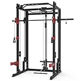 Train Hard® Smith Maschine Power Rack Multipresse Kraftstation, Beinpresse, Klimmzug, Latzug, Dip Bar, Rudern, Langhantel und Zubehör Modell 2024 (C:1F09766S6TH)